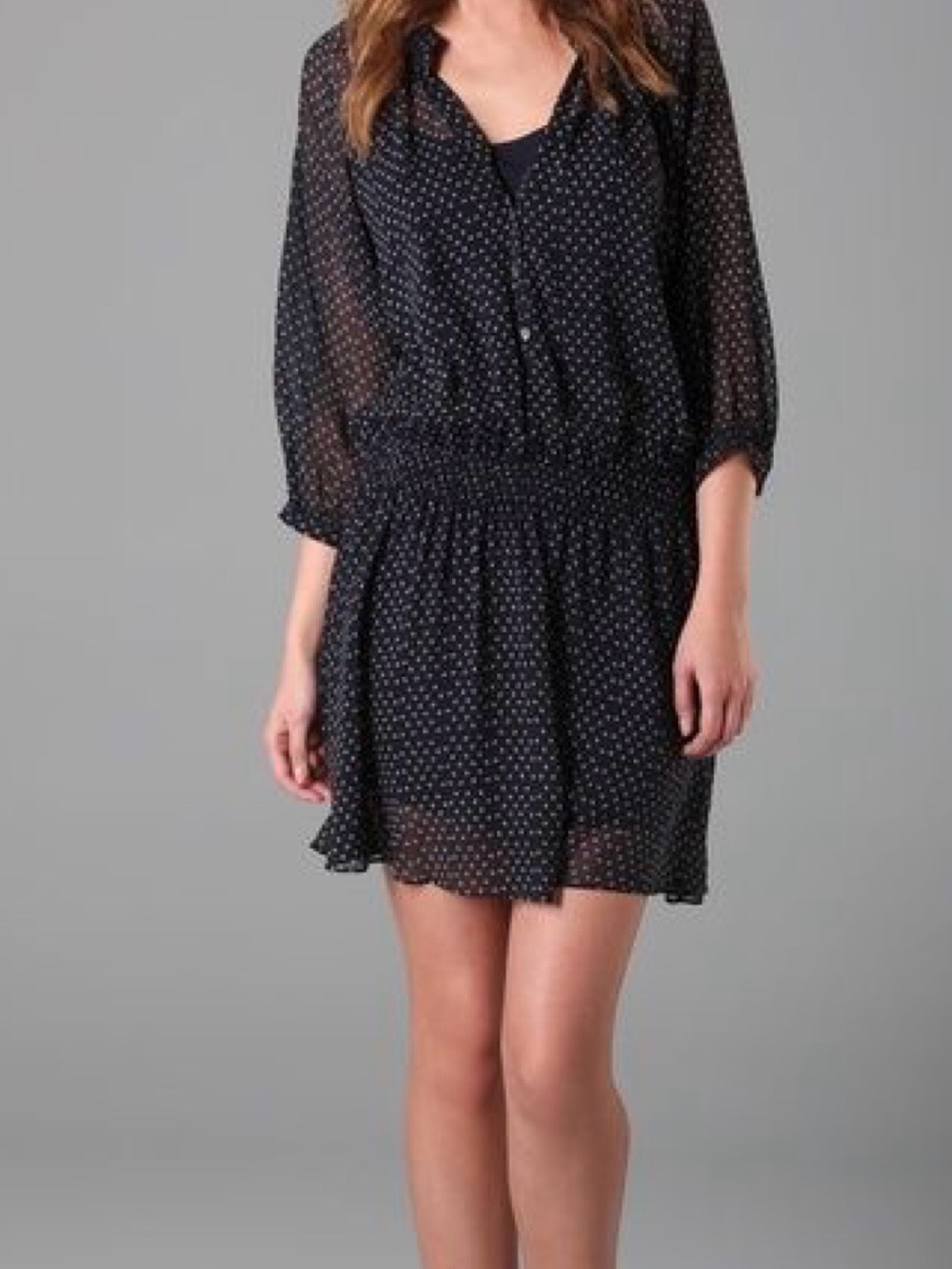 Club Monaco Sz 6 Navy Polka Dot Sheer Long-Sleeve Dress